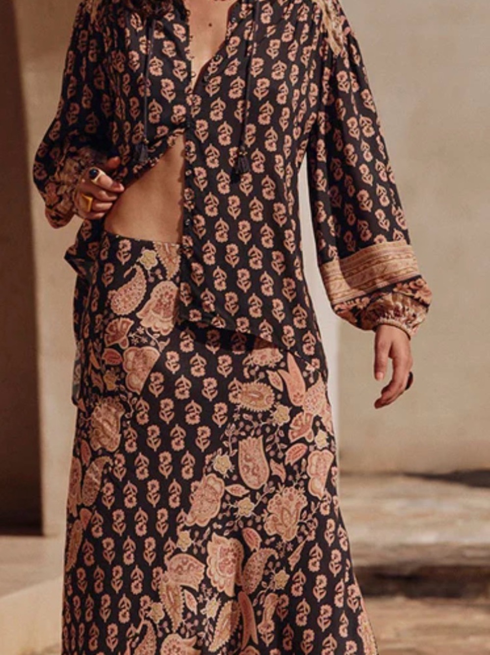 Spell Black and Blush Paisley Maxi Skirt
